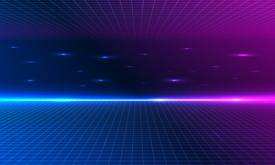 Fototapeta 80s Retro Sci-Fi Background Futuristic Grid landscape. Digital cyber surface style of the 1980`s. Double infinite grid and lights forward. Synthwave wireframe net illustration.  80s, 90s cyber grid obraz