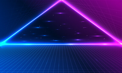 80s Retro Sci-Fi Background Futuristic Grid landscape. Digital cyber surface style of the 1980`s. Double infinite grid and lights forward. Synthwave wireframe net illustration.  80s, 90s cyber grid