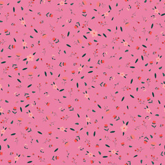 Seamless pattern with small flowers, rose on pink background. Vector illustration.