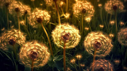 Dandelions in a field at sunset, generative AI.