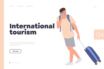 International tourism landing page template young man tourist character walking with luggage design