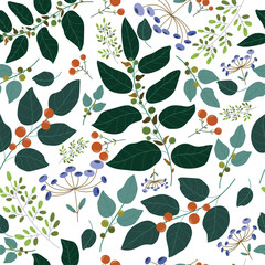 Seamless pattern with green plants and berries on white background. Vector illustration.