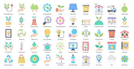 Environment Flat Icons Eco Ecology Plant Icon Set in Color Style 50 Vector Icons 