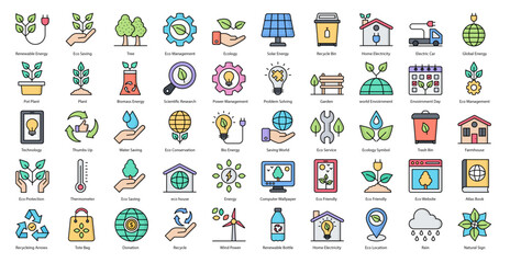 Environment Color Line Icons Eco Ecology Plant Icon Set in Filled Outline Style 50 Vector Icons