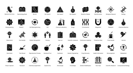 Bioengineering Glyph Icons Biology Cell Chromosome Icon Set in Glyph Style 50 Vector Icons in Black	