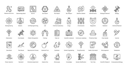 Bioengineering Thin Line Icons Biology Cell Chromosome Icon Set in Outline Style 50 Vector Icons in Black	