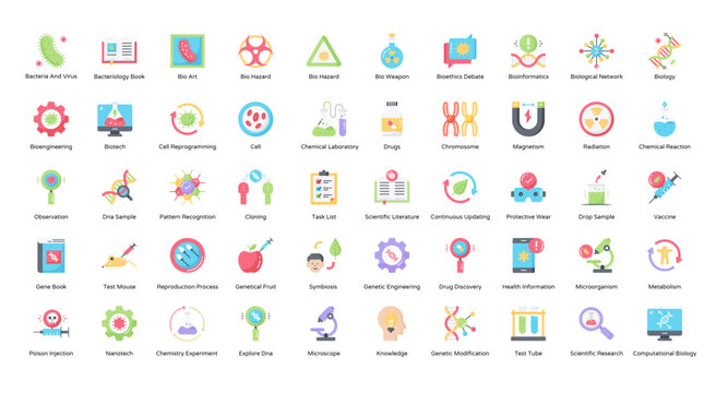 Bioengineering Flat Icons Biology Cell Chromosome Icon Set in Color Style 50 Vector Icons