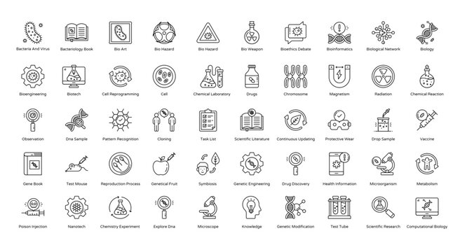 Bioengineering Thin Line Icons Biology Cell Chromosome Icon Set in Outline Style 50 Vector Icons in Black	
