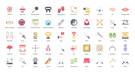 Fototapeta premium Martial Arts Flat Icons MMA Sport Fencing Boxing Icon Set in Color Style 50 Vector Icons
