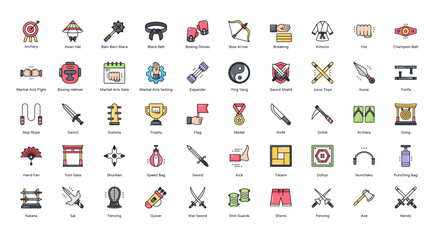 Martial Arts Color Line Icons MMA Sport Fencing Boxing Icon Set in Filled Outline Style 50 Vector Icons