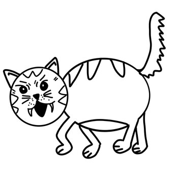 Black and White Line Drawing Mischievous Cat in Threatening Position 