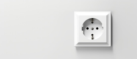 White plastic outlet on gray wall background with copy space. Creative banner template for electrical company, master electrician. Generative AI.