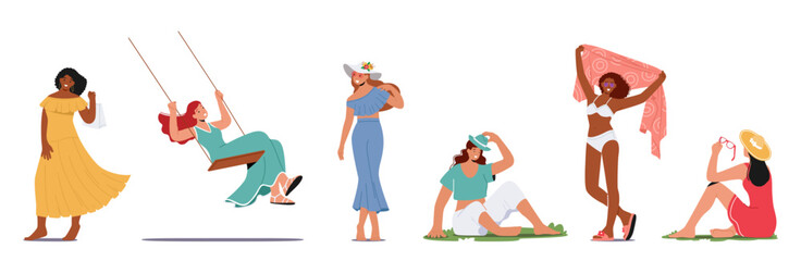 Stunning Women In Stylish Summer Attire, Radiating Beauty With Colorful Dresses, Trendy Hats, And Fashionable Sandals