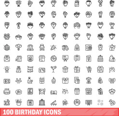100 birthday icons set. Outline illustration of 100 birthday icons vector set isolated on white background