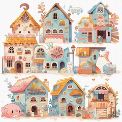 City Background Watercolor illustrations of villages in various stories are used for decoration. 