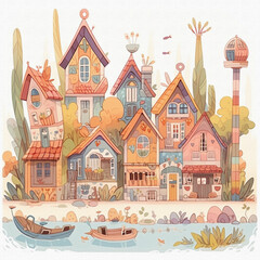 Obraz premium City Background Watercolor illustrations of villages in various stories are used for decoration.