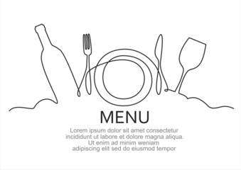 Fototapete Eine Linie Continuous one single line drawing of plate, fork, knife, bottle of wine and glass. Menu food design. Vector illustration.