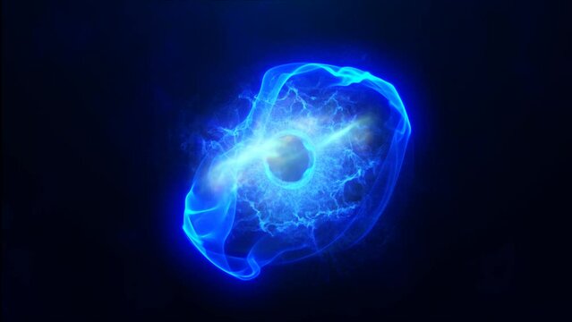 Blue energy sphere with glowing bright particles, atom with electrons and elektric magic field scientific futuristic hi-tech abstract background