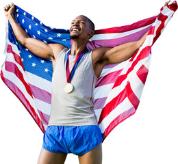 Digital png photo of biracial medallist with flag on back on transparent background