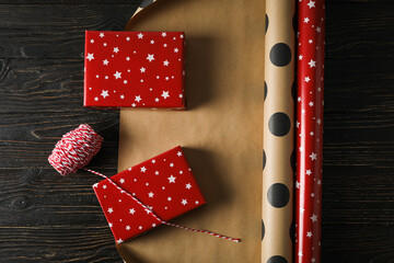 Concept of wrapping gift, composition with wrapping paper