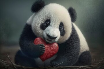 A sad panda holds a red heart in its paws. AI generated