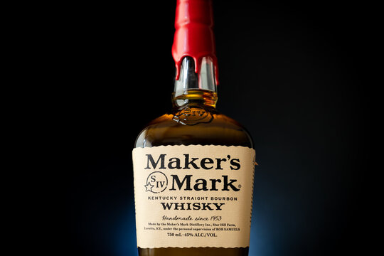 Maker's Mark Kentucky Straight Bourbon Whisky. American whiskey produced in Loretto, Kentucky, USA. 45% alcohol by volume on July 8, 2023 in Krakow, Poland.