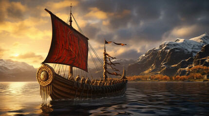 Fototapeta na wymiar Historical Viking Ship Sailing on a Norwegian Fjord at Spectacular Sunset. Captured in National Geographic Style. Generative AI