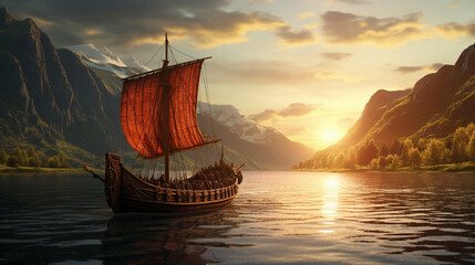 Historical Viking Ship in All its Glory, Sailing on a Norwegian Fjord at a Spectacular Sunset. Captured in National Geographic Style. Generative AI - obrazy, fototapety, plakaty