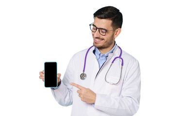 Young doctor in white robe and glasses, showing commercial offer on blank phone screen, pointing, smiling