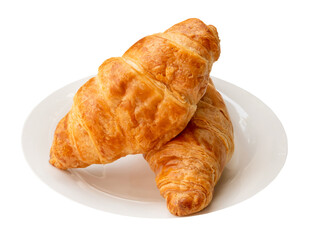 two piece of croissant in stack on white palte isolated on white background with clipping path in png file format