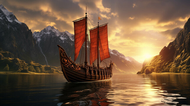 Exquisite Detailing on a Viking Ship as it Glides across a Norwegian Fjord during a Breathtaking Sunset. Captured in National Geographic Style. Generative AI