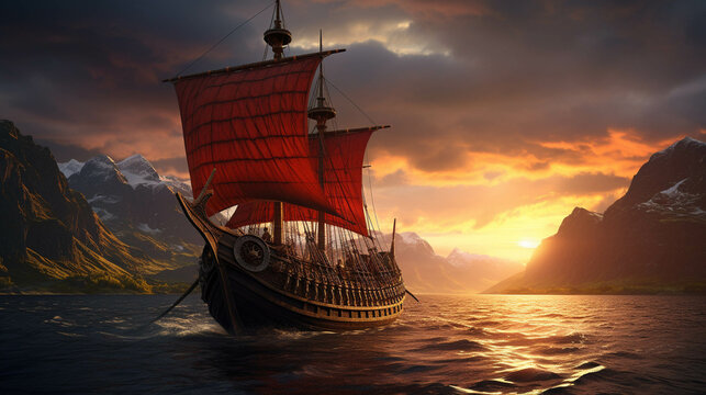 Hyper-Realistic Viking Ship Sailing through the Scenic Norwegian Fjord at a Captivating Sunset. Captured in National Geographic Style. Generative AI