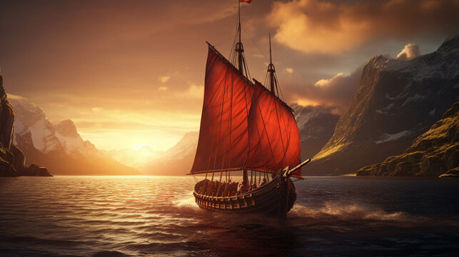Detailed Viking Ship Navigating the Serene Waters of a Norwegian Fjord at Sunset. Captured in National Geographic Style. Generative AI
