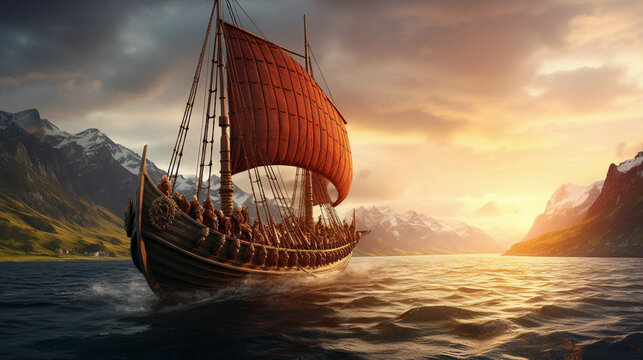 Realistic Viking Ship Sailing on a Norwegian Fjord, Embracing the Beauty of a Spectacular Sunset. Captured in National Geographic Style. Generative AI