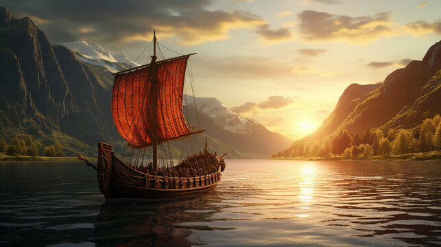 Historical Viking Ship in All its Glory, Sailing on a Norwegian Fjord at a Spectacular Sunset. Captured in National Geographic Style. Generative AI