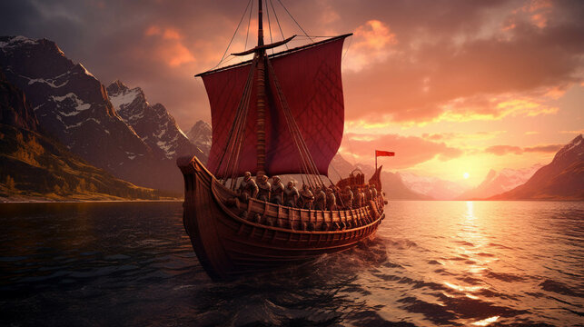 Realistic Viking Ship Sailing on a Norwegian Fjord at Spectacular Sunset. Captured in National Geographic Style. Generative AI