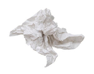 Single screwed or crumpled tissue paper or napkin in strange shape after use in toilet or restroom isolated on white background with clipping path in png file format.