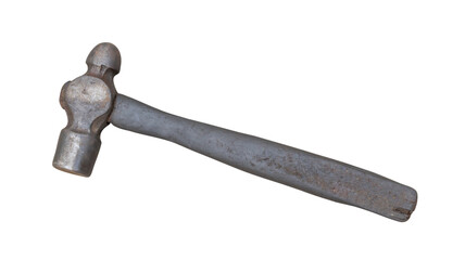 Single dirty old metal or iron hammer with wooden handle isolated on white background with clipping path in png file format.