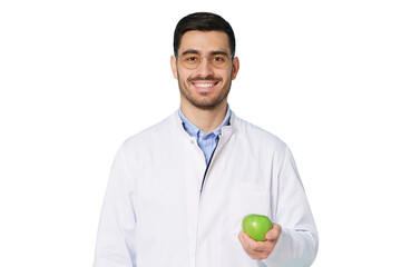 Portrait of smiling dentist or nutritionist doctor wearing white coat with fresh green apple in hand