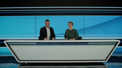 BTS Behind the scenes - co-hosts waiting for a signal to start during TV style broadcast morning talk show