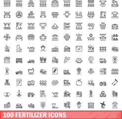 Fototapeta na wymiar 100 fertilizer icons set. Outline illustration of 100 fertilizer icons vector set isolated on white background