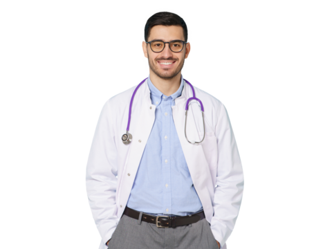 Handsome doctor, showing confident smile, ready to help patients with health problems