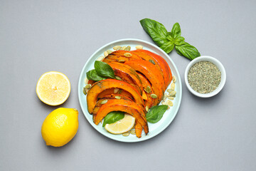 Concept of tasty homemade dish - baked pumpkin