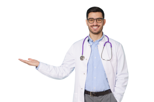 Smiling young male doctor showing and presenting something with hand - Powered by Adobe