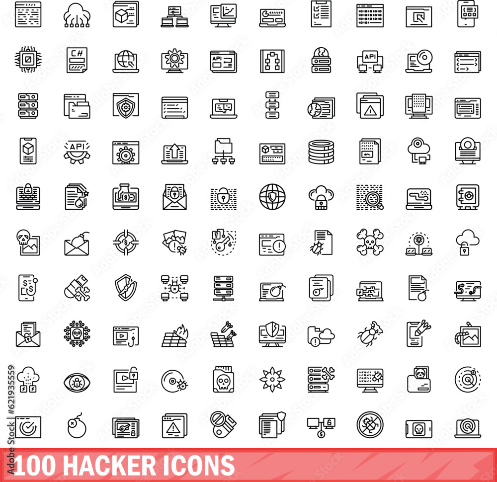 Poster 100 hacker icons set. outline illustration of 100 hacker icons vector set isolated on white backgrou