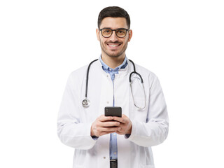 Portait of young male doctor in white coat smiling, holding his smartphone with both hands, using...