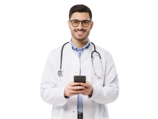 Portait of young male doctor in white coat smiling, holding his smartphone with both hands, using medical app