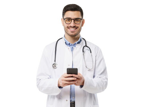 Portait of young male doctor in white coat smiling, holding his smartphone with both hands, using medical app