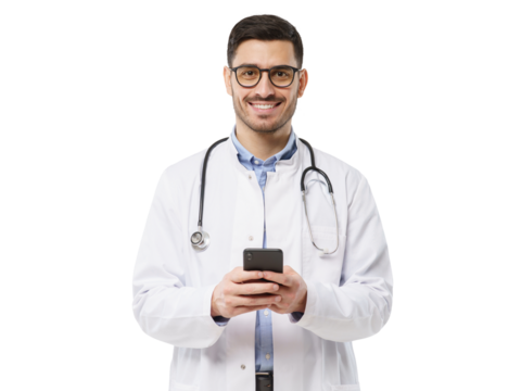Portait of young male doctor in white coat smiling, holding his smartphone with both hands, using medical app