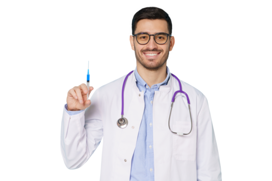 Young smiling male doctor in white robe and glasses, holding syringe up, ready to do vaccination of patient
